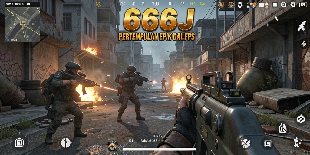 Screenshot gameplay 666J dengan aksi tembak-menembak yang intens.