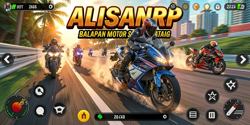 Tampilan gameplay menegangkan di ALISANRP dengan mobil balap berkecepatan tinggi.