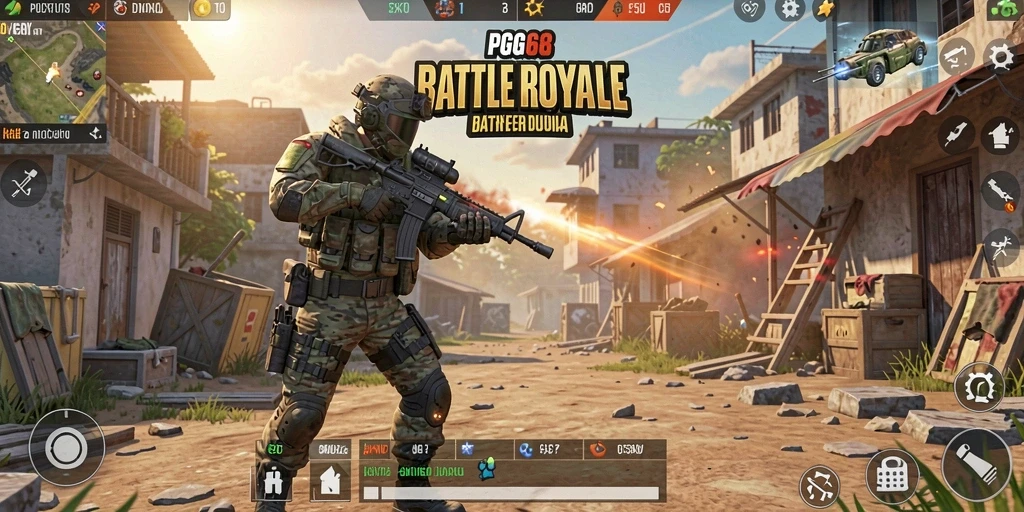 Tampilan gameplay PGG68 yang mendebarkan di medan perang Battle Royale.