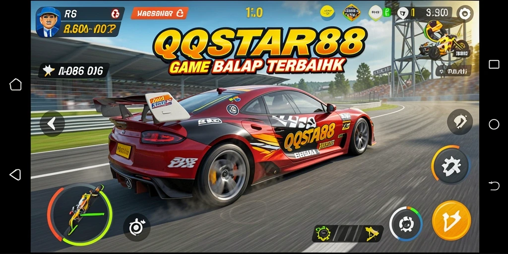 Screenshot gameplay menunjukkan aksi balapan yang mendebarkan.