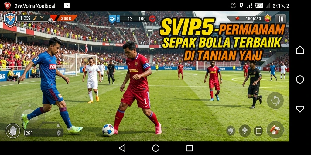 Screenshot gameplay SVIP5 menampilkan aksi seru pemain sepak bola.