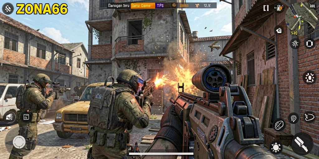 Screenshot ZONA66 menampilkan aksi pertempuran intens di lingkungan dinamis.